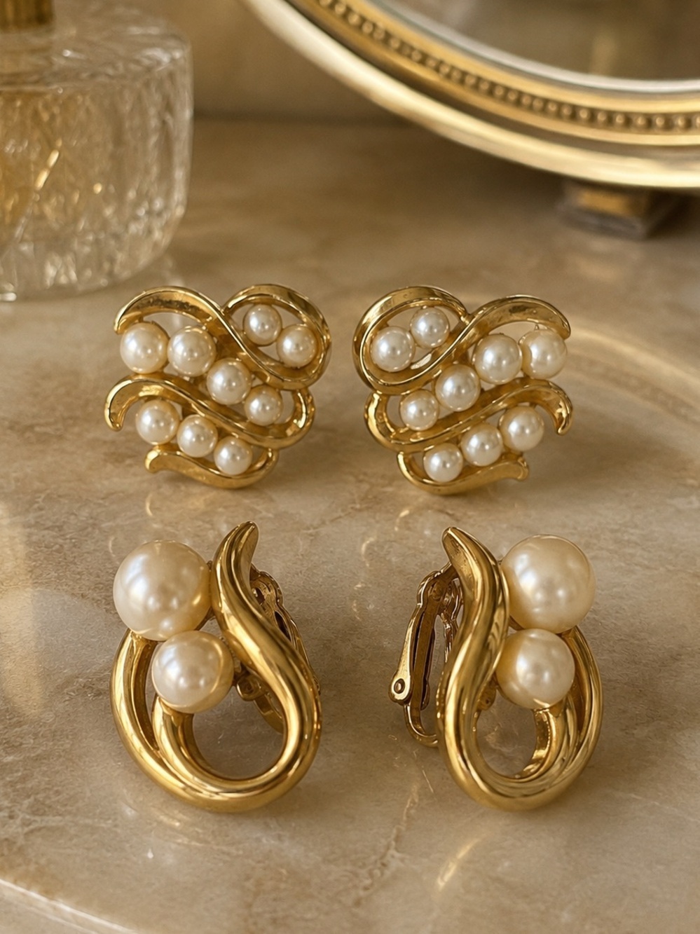 Vintage Avon Trifari Earring Lot of 2 Pairs Gold Tone Faux Pearl Clip On Classic